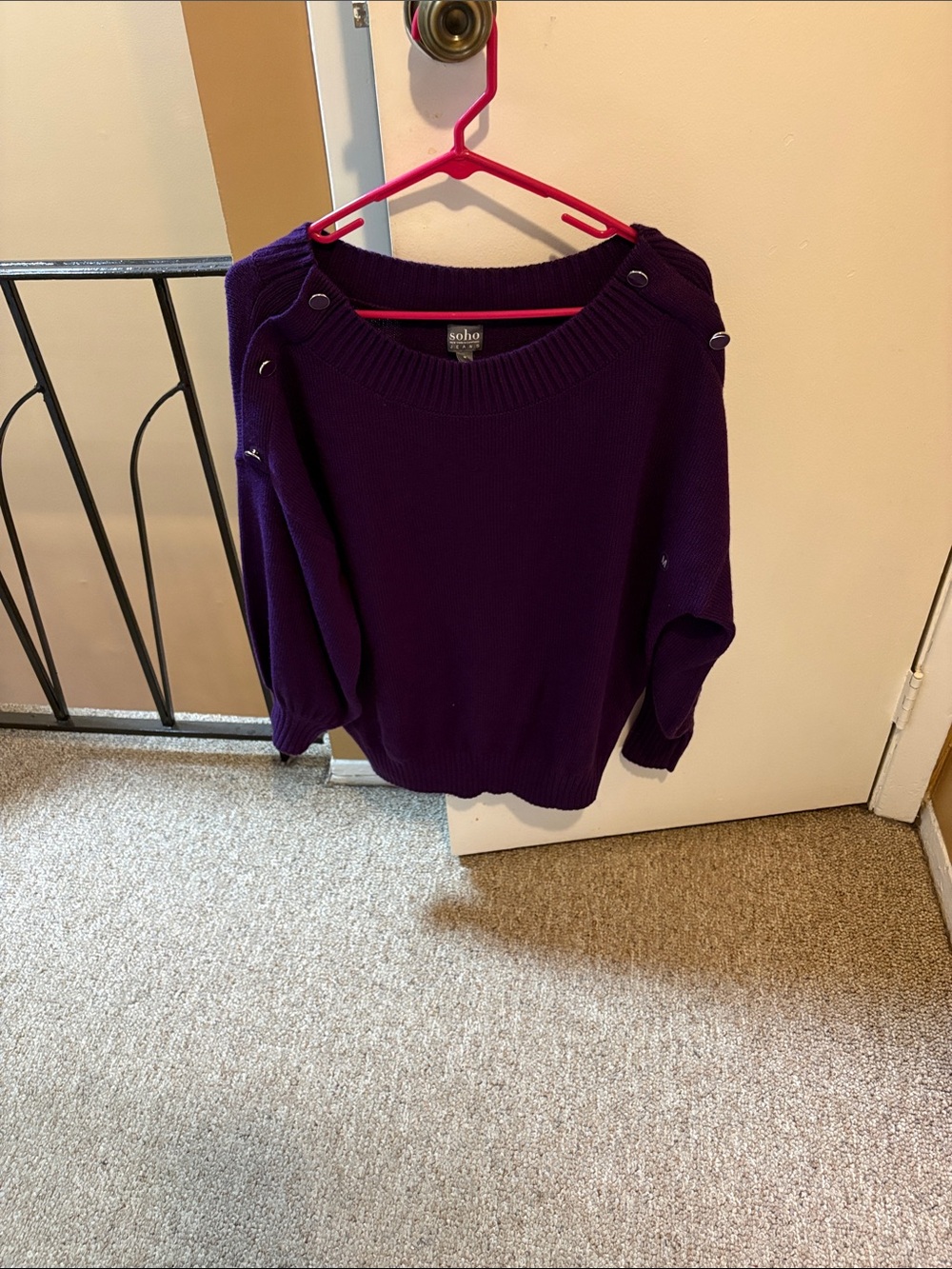 Soho Deep Purple Button-Shoulder Scoop Neck Sweater. With tag.